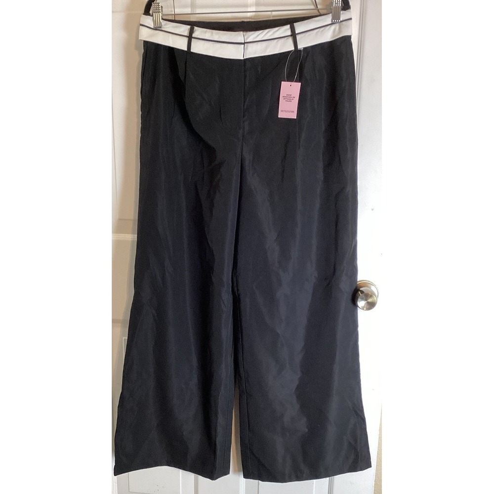 Corpgoth Academia Wide Leg Trousers 10 Black White Contrast Waistband Officecore - Picture 2 of 16